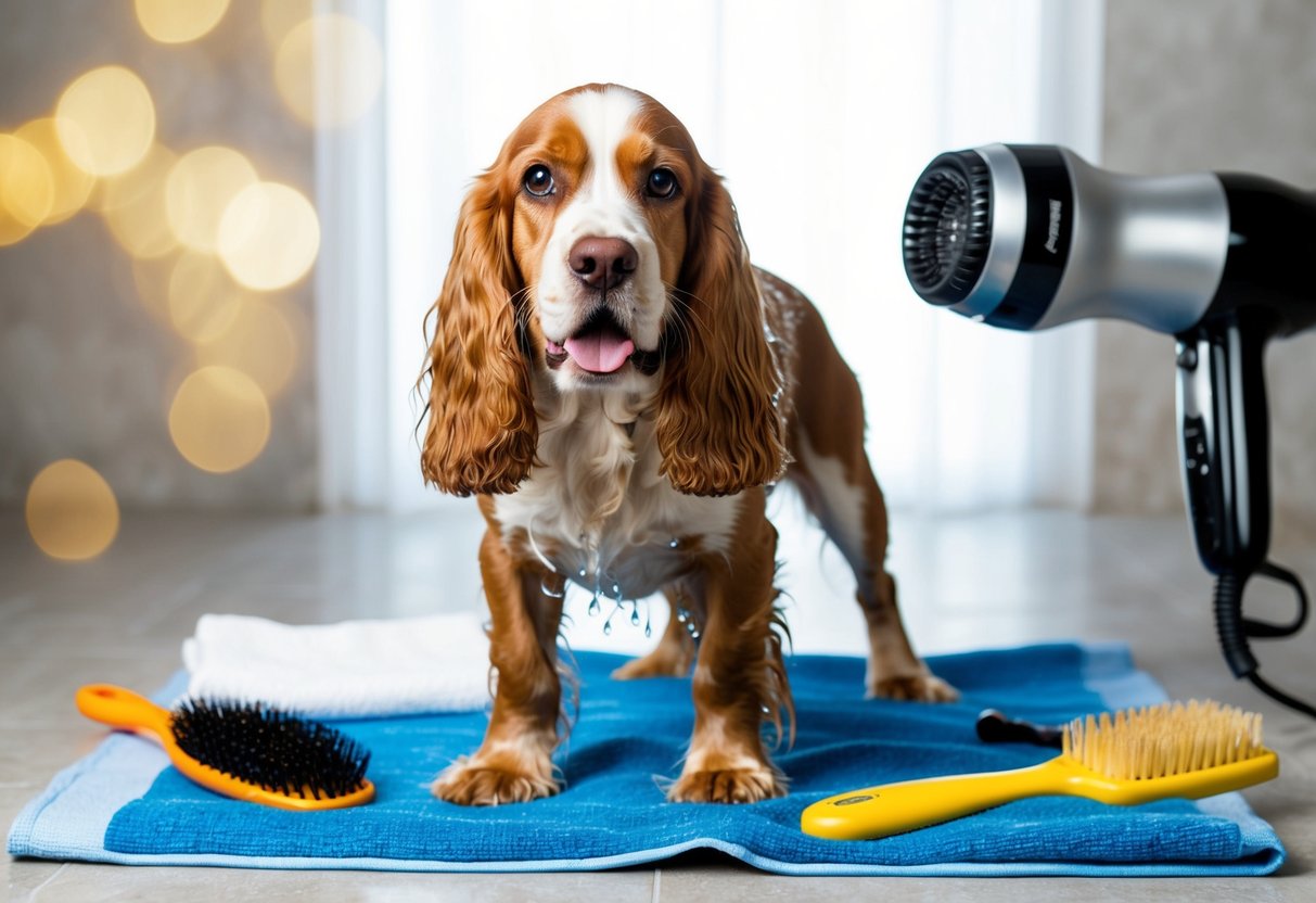 A cocker spaniel standing on a towel, with water droplets on its fur, surrounded by a hair dryer, brush, and a happy expression