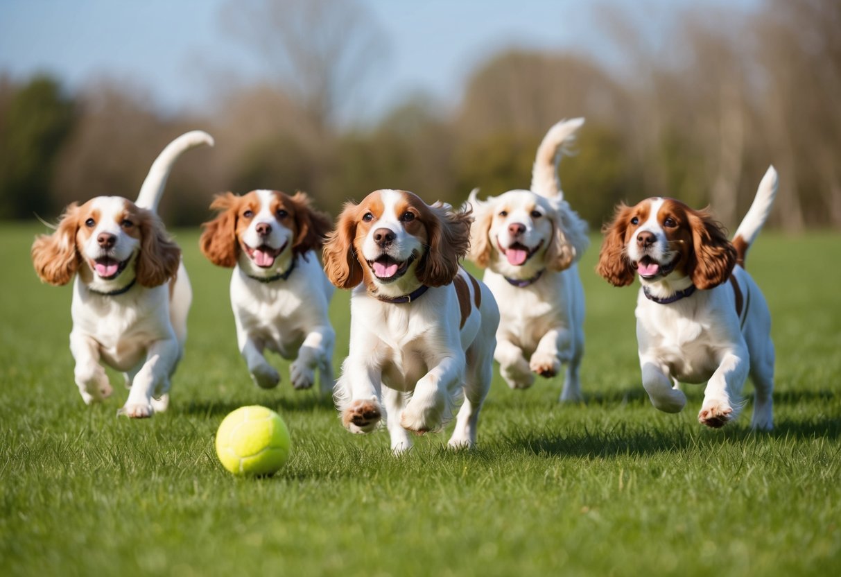 A group of cocker spaniels playing joyfully in a grassy field, chasing after a ball and wagging their tails in excitement