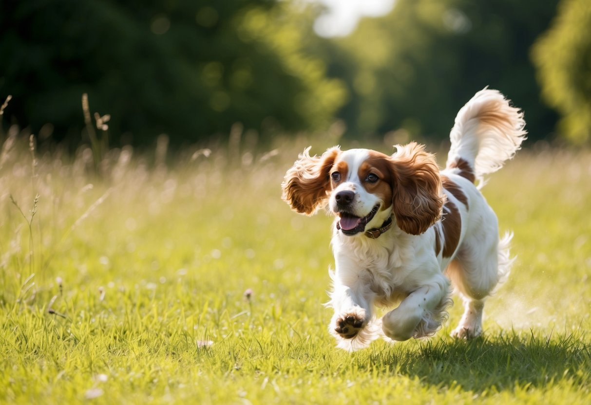 A cocker spaniel runs joyfully through a sun-dappled meadow, ears flapping as it chases after invisible prey