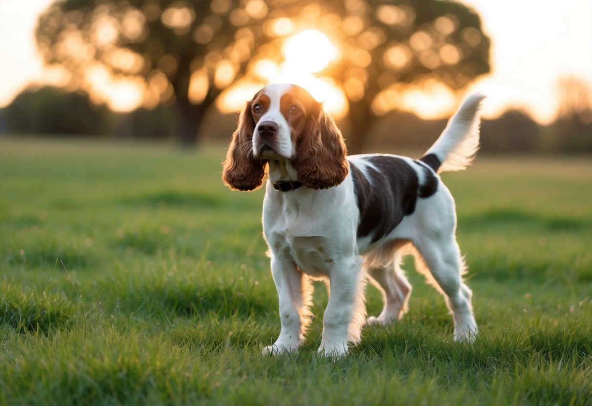 A cocker spaniel stands in a grassy field, looking around with a slight sense of urgency. The sun is setting in the background, casting a warm glow over the scene