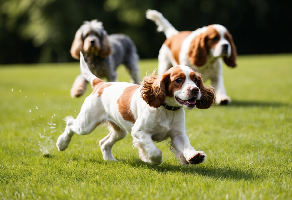 A young cocker spaniel with wagging tail sprints across a grassy field, while an older dog watches from the shade