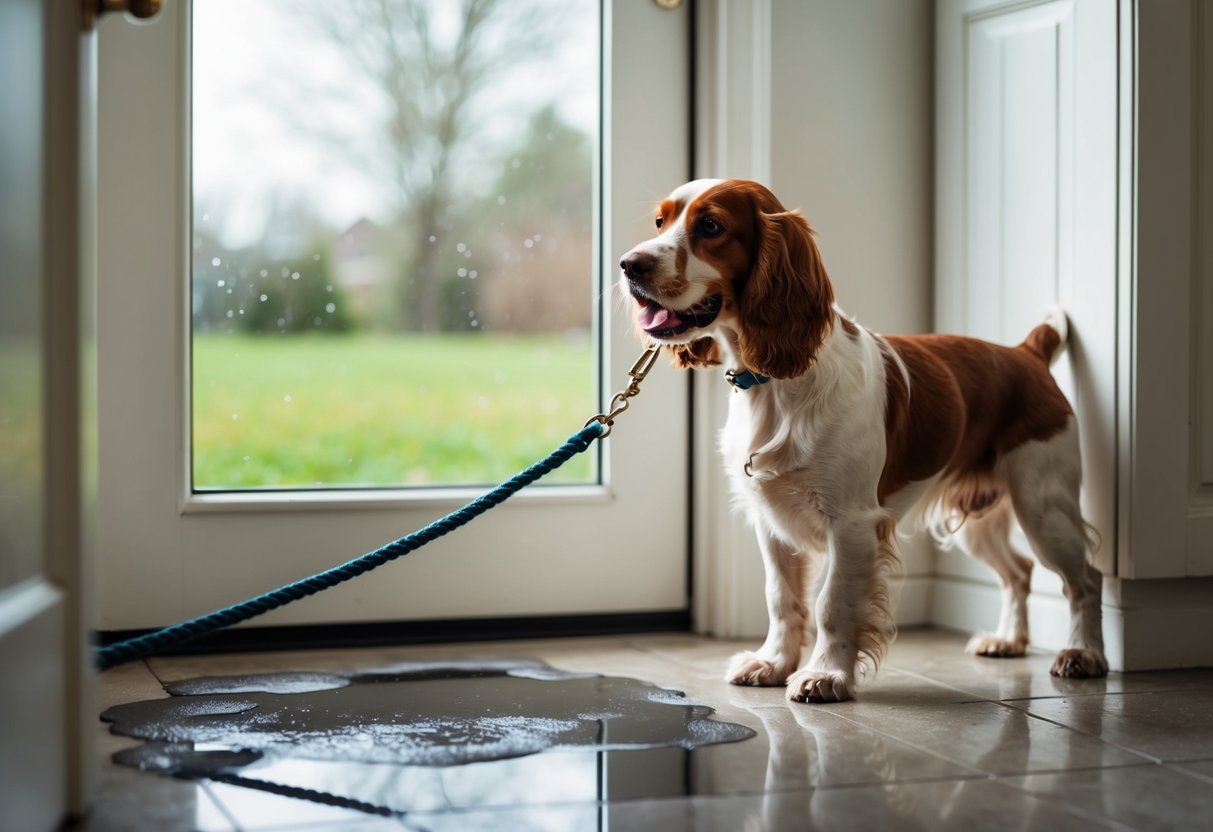 A cocker spaniel stands by a door, leash in mouth, waiting to go outside. A puddle on the floor nearby