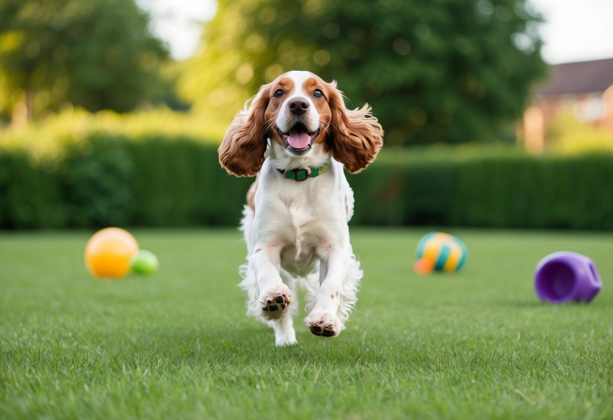 A cocker spaniel running and playing in a spacious, grassy yard with toys scattered about, showing excitement and energy
