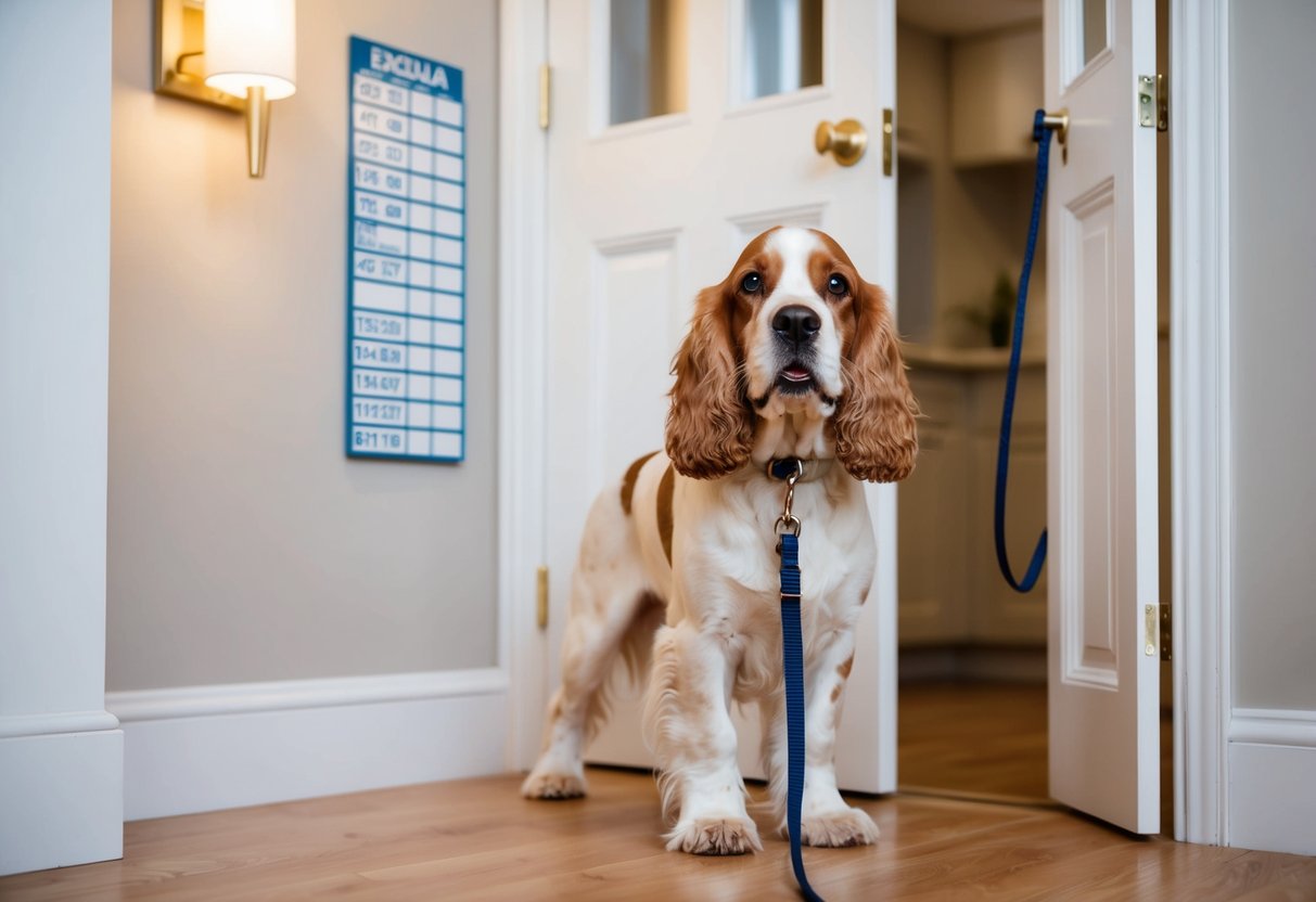 A cocker spaniel stands by the open door, leash in mouth, looking expectantly at the owner. A schedule on the wall shows regular feeding and walking times