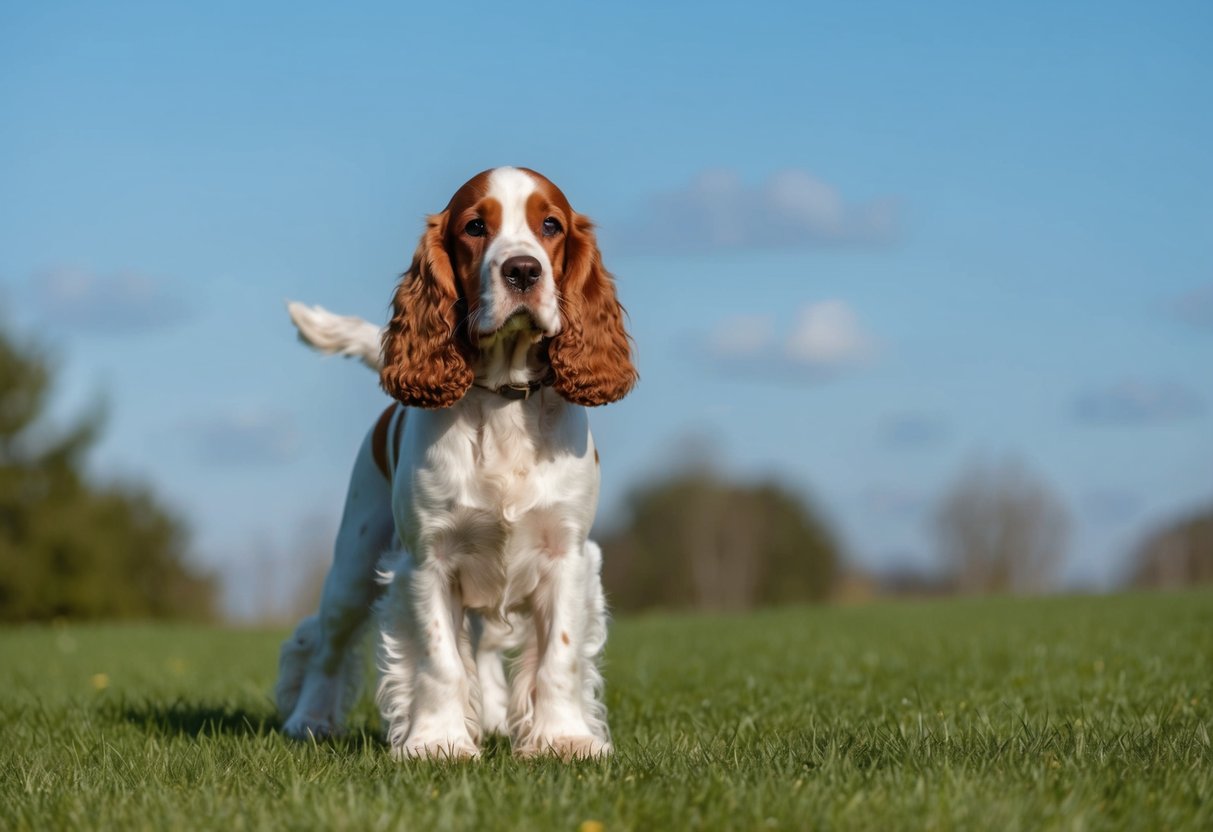 A Cocker Spaniel standing in a grassy area, looking alert and attentive, with a clear blue sky in the background