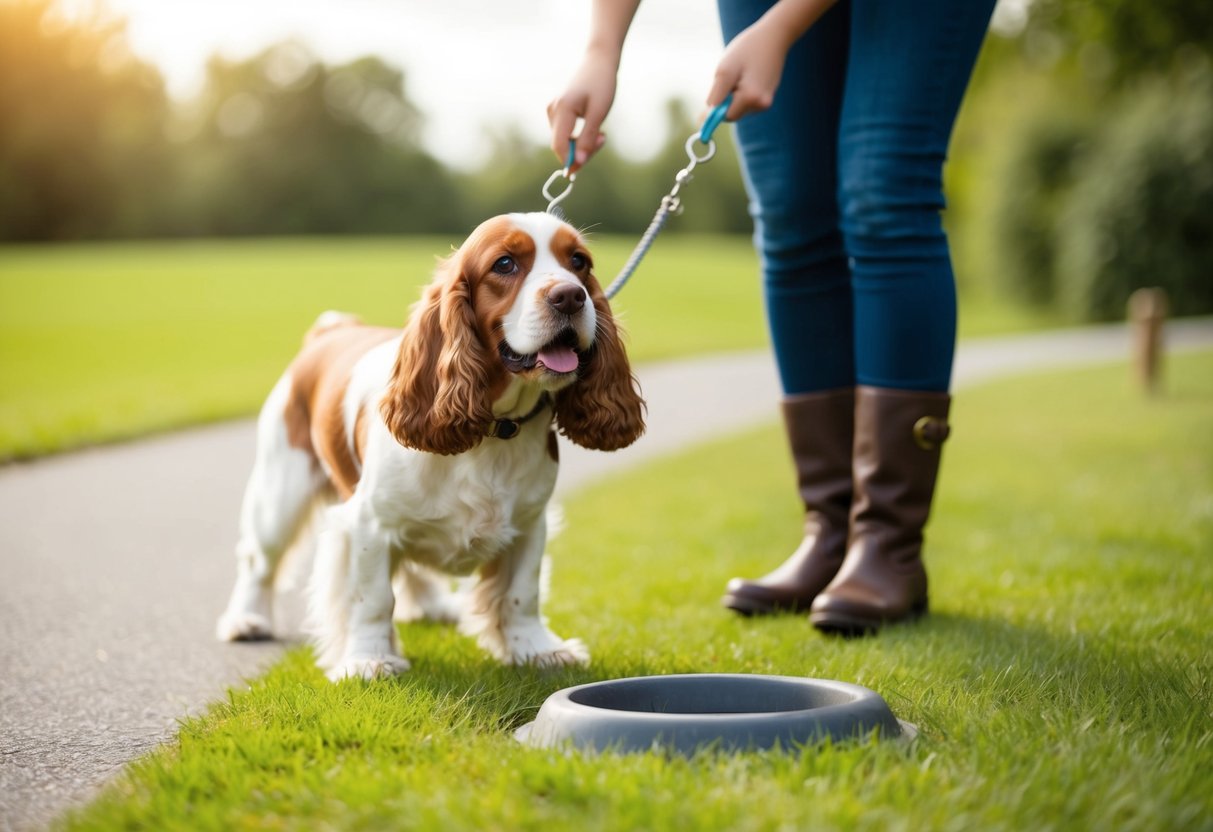 A cocker spaniel being taken outside to a designated peeing area, rewarded for going outside, and given frequent opportunities to relieve itself
