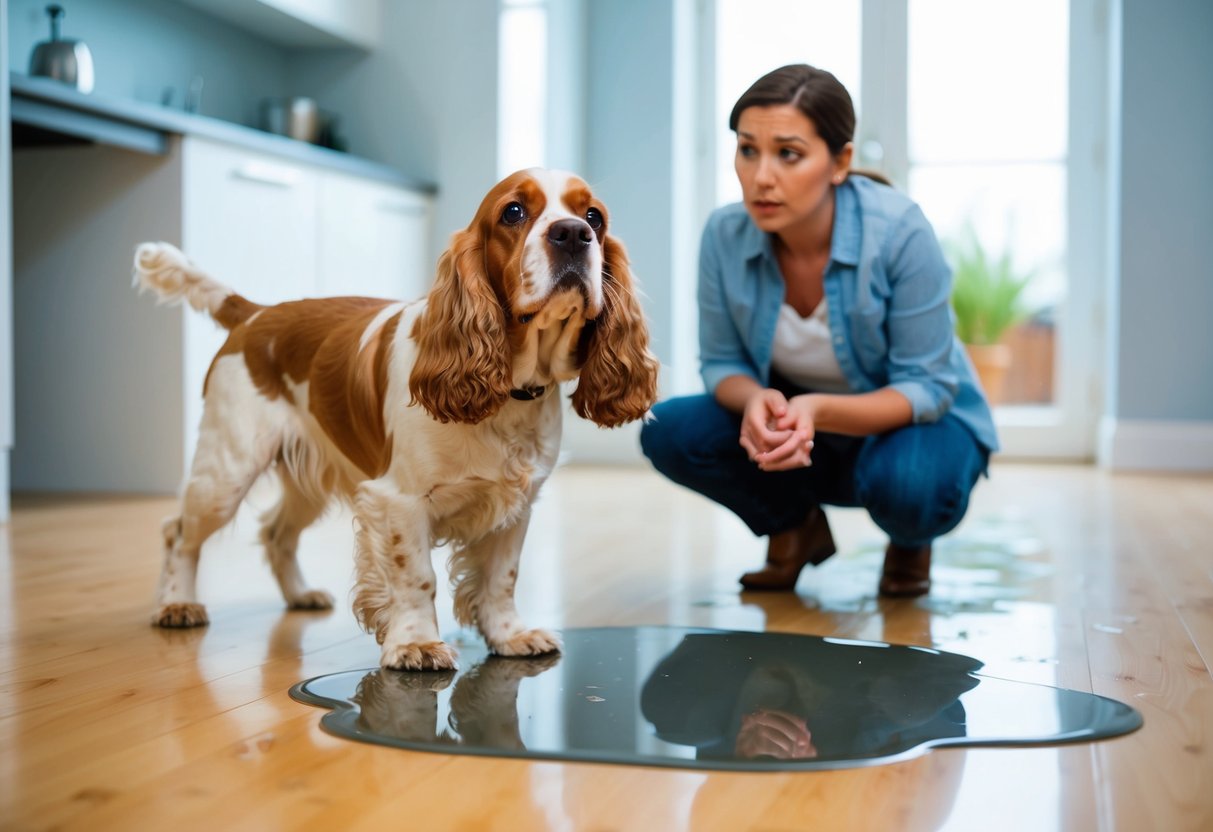 A frustrated cocker spaniel stands next to a puddle on the floor, while a concerned owner looks on with a puzzled expression