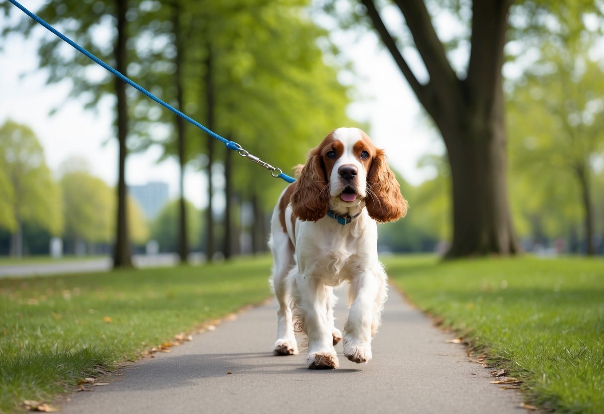 A 5-month-old cocker spaniel walking on a leash through a park with trees and a clear pathway