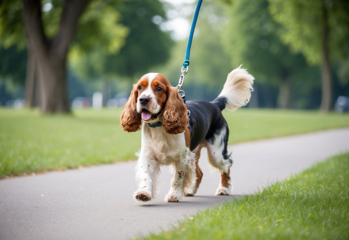 A 5-month-old cocker spaniel walking on a leash in a park, with trees and grass in the background
