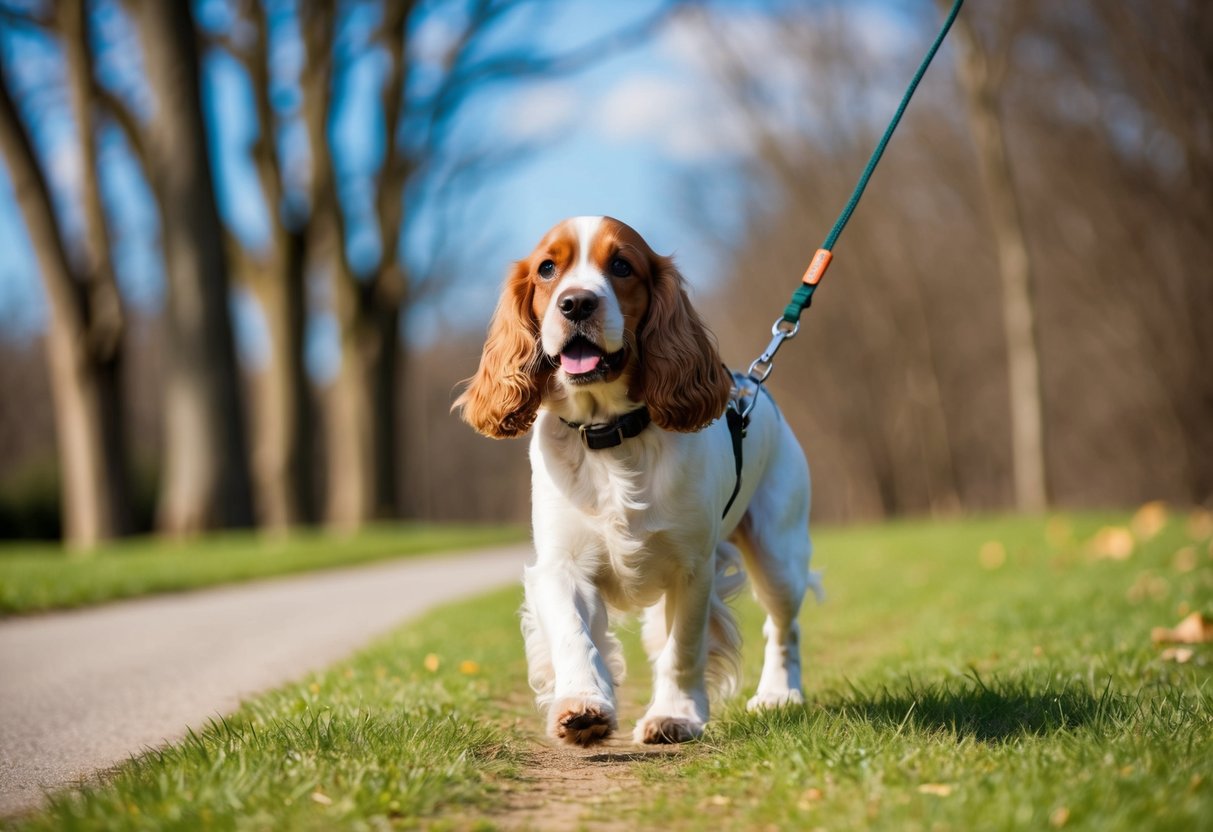 A 5-month-old cocker spaniel walking on a grassy path with a leash attached to its collar, surrounded by trees and a clear blue sky