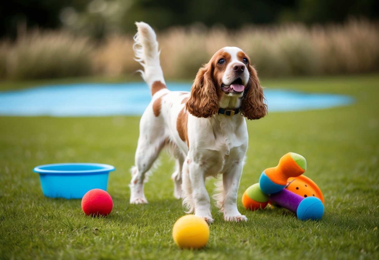 A cocker spaniel wagging its tail while standing on a grassy patch, surrounded by toys and a water bowl