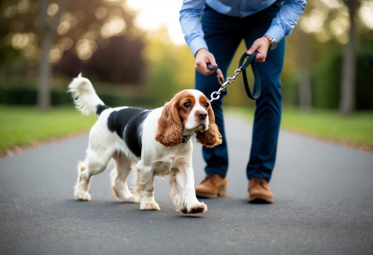 A 5-month-old cocker spaniel walks on a leash with a person adjusting the length of the leash