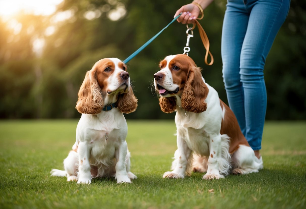 A cocker spaniel sits calmly on a leash while its owner rewards it for staying calm despite being excited