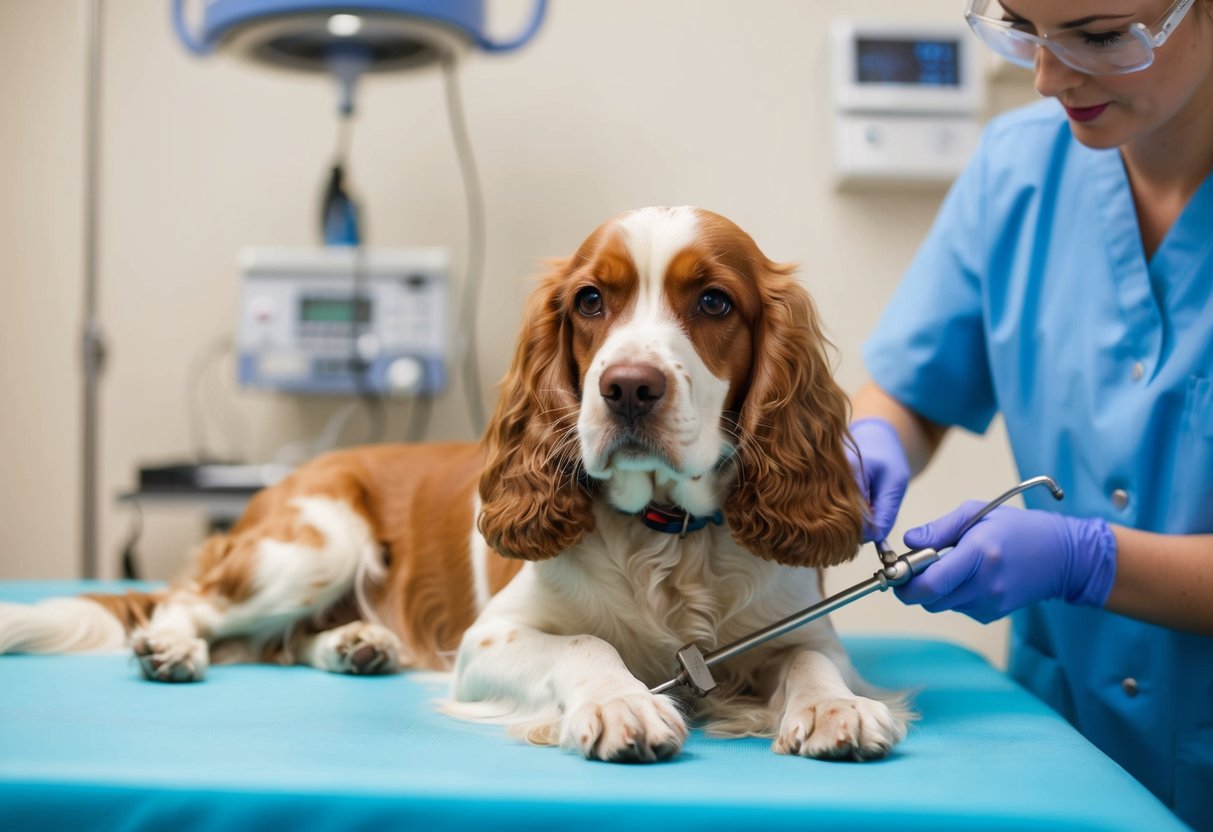 A female cocker spaniel lying on a veterinarian's table while a vet performs a spaying surgery