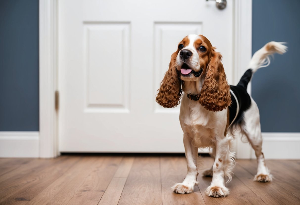 A cocker spaniel eagerly wagging its tail while standing in front of a closed door