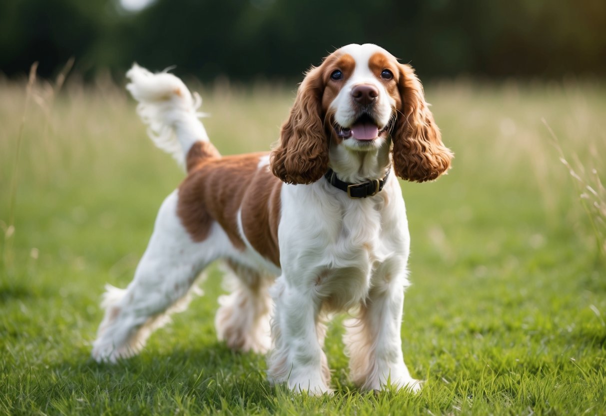 A cocker spaniel happily wagging its tail while standing on a grassy field, with a serene expression on its face