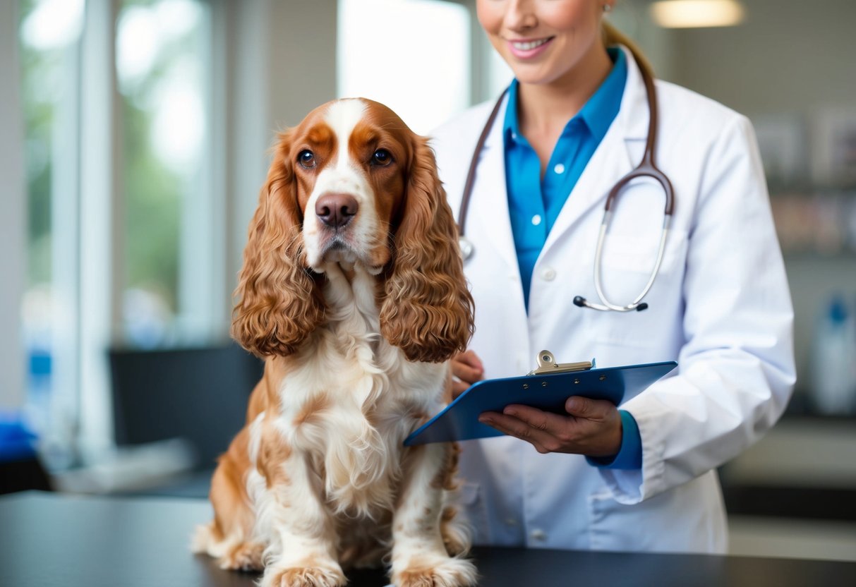 A female cocker spaniel standing with a veterinarian, discussing the ideal age for spaying. The vet holds a clipboard and the dog looks attentive