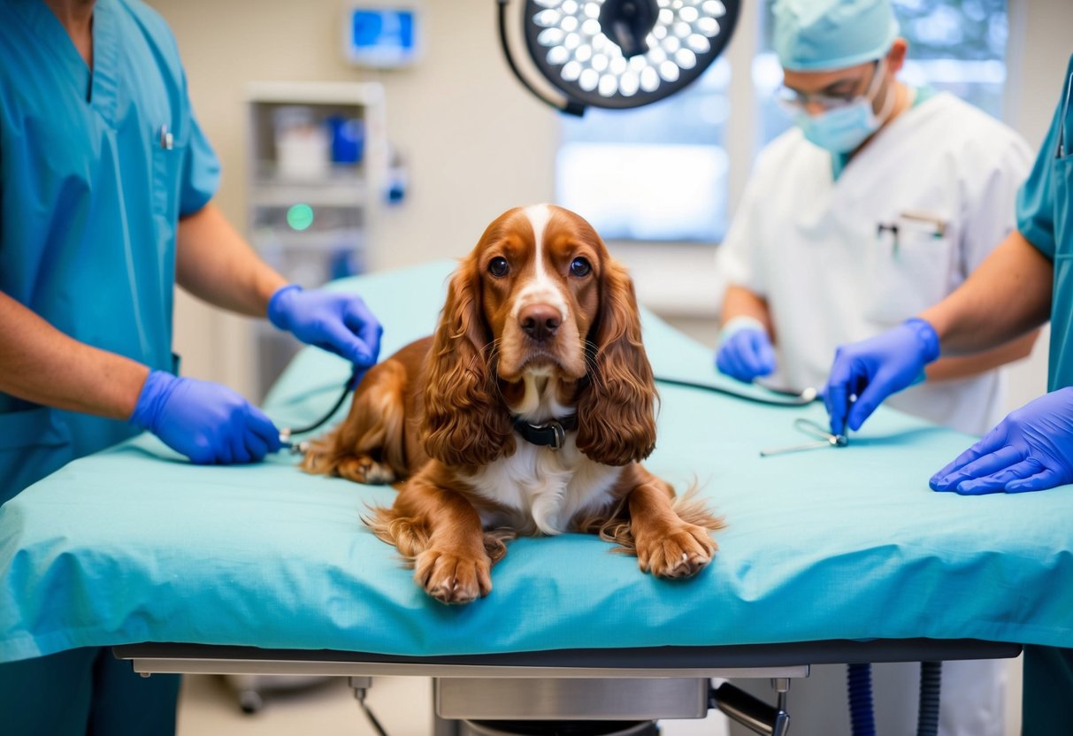 A female cocker spaniel laying on a veterinary operating table, with a surgical team preparing for a spay procedure