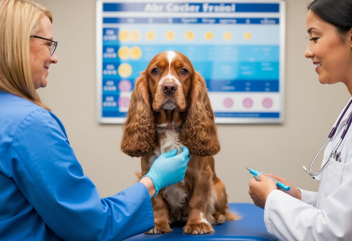 A female cocker spaniel being examined by a veterinarian, with various age milestones and spaying options displayed on a chart in the background