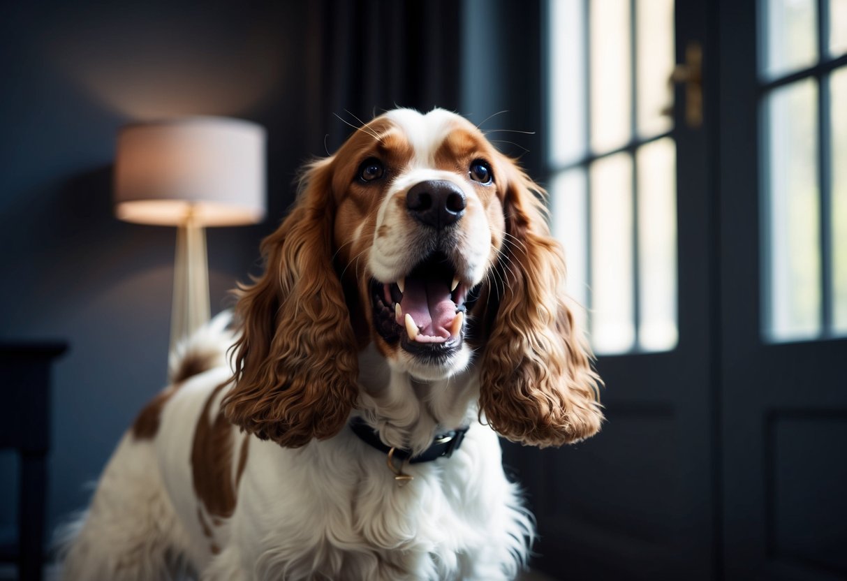 A cocker spaniel baring its teeth and growling in a dimly lit room, with its fur standing on end and ears pinned back