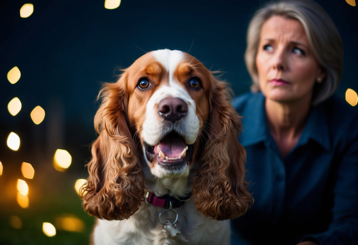 A cocker spaniel baring teeth and growling in the dark, while its owner looks on with concern