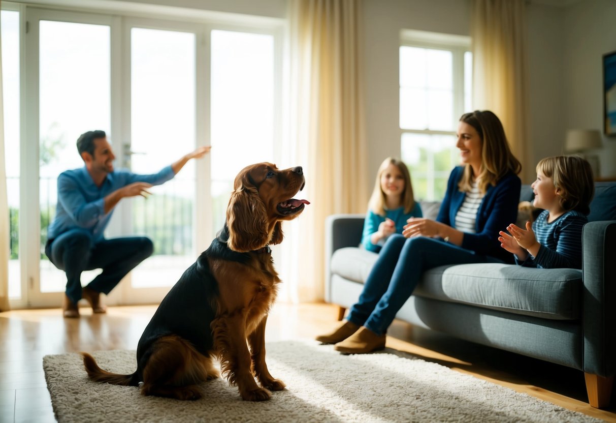 A cocker spaniel growls at a shadowy figure outside a brightly lit living room window. A family sits inside, playing and laughing with the dog during the day