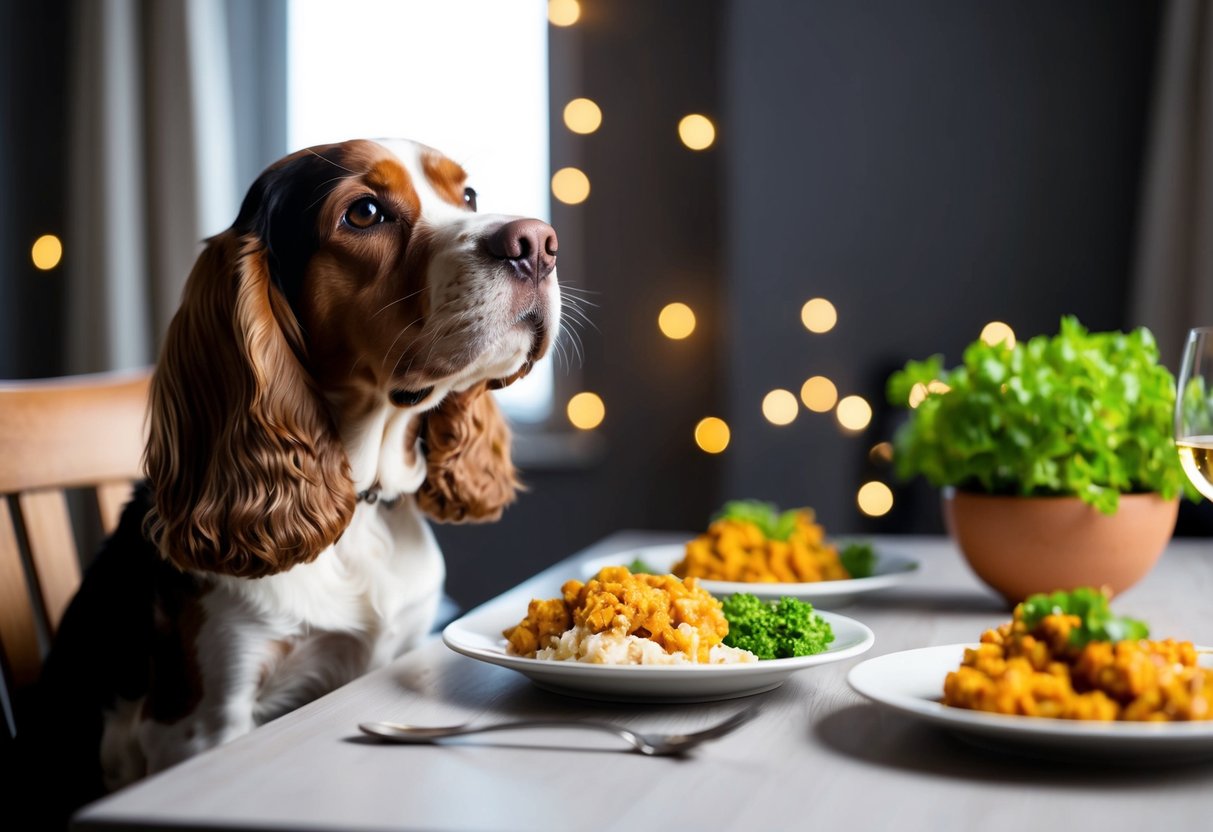 A cocker spaniel sits in front of a dining table, gazing up with pleading eyes as food is being eaten