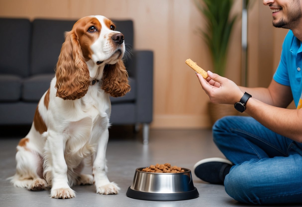 A cocker spaniel sits patiently by its food bowl, looking up at its owner with hopeful eyes. The owner holds a treat in hand, ready to reward the dog for not begging