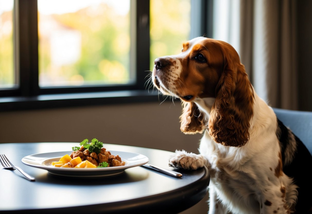 A cocker spaniel sits beside a dining table, gazing longingly at the food on the plate. Its tail wags eagerly as it waits for a scrap to be dropped
