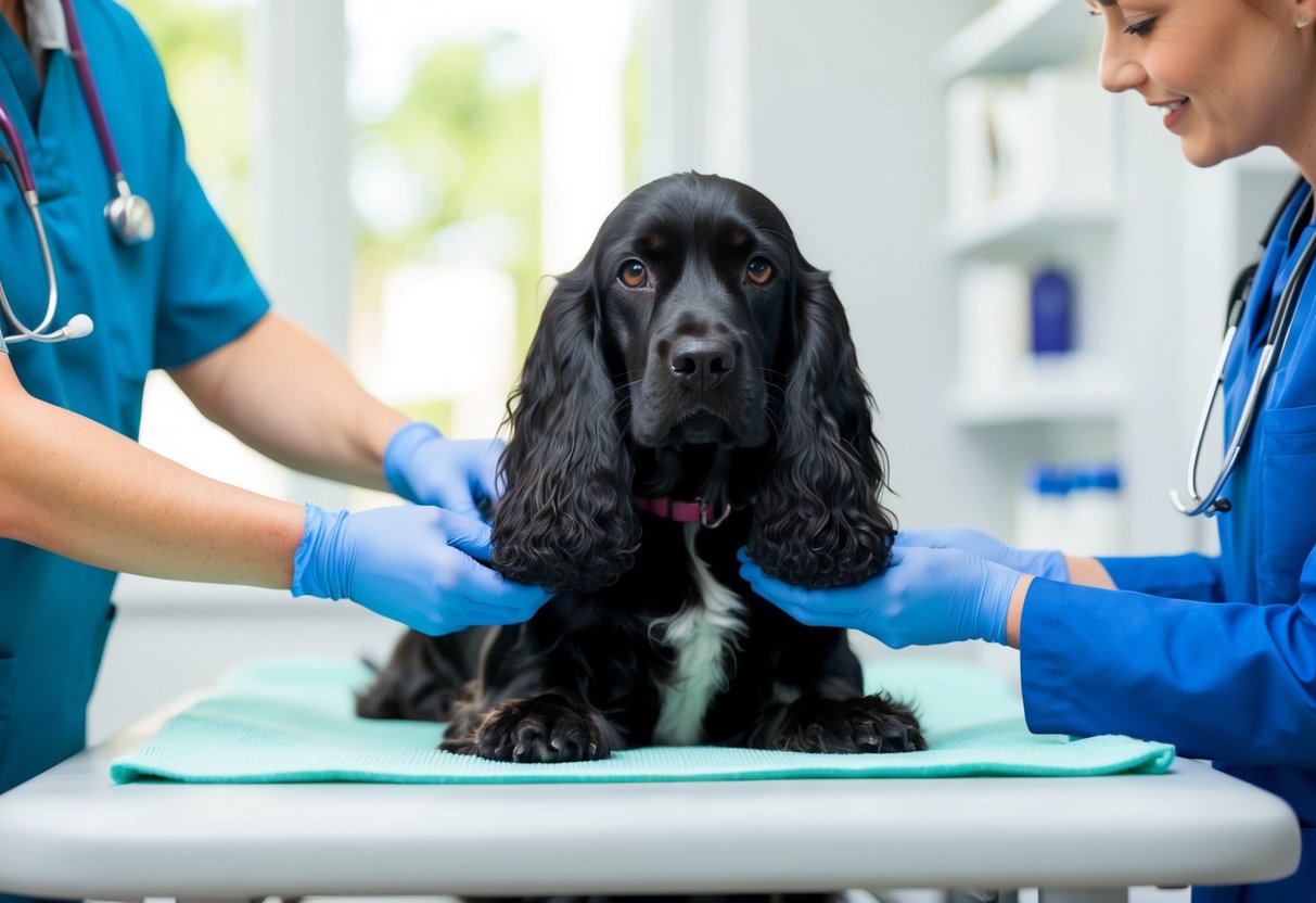 A black cocker spaniel receiving medical treatment from a veterinarian in a clinic setting