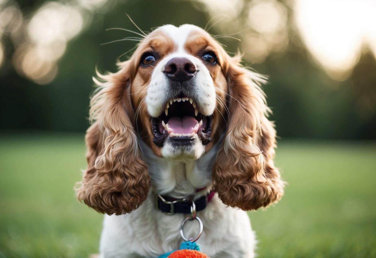 A cocker spaniel snarls, baring its teeth at a toy