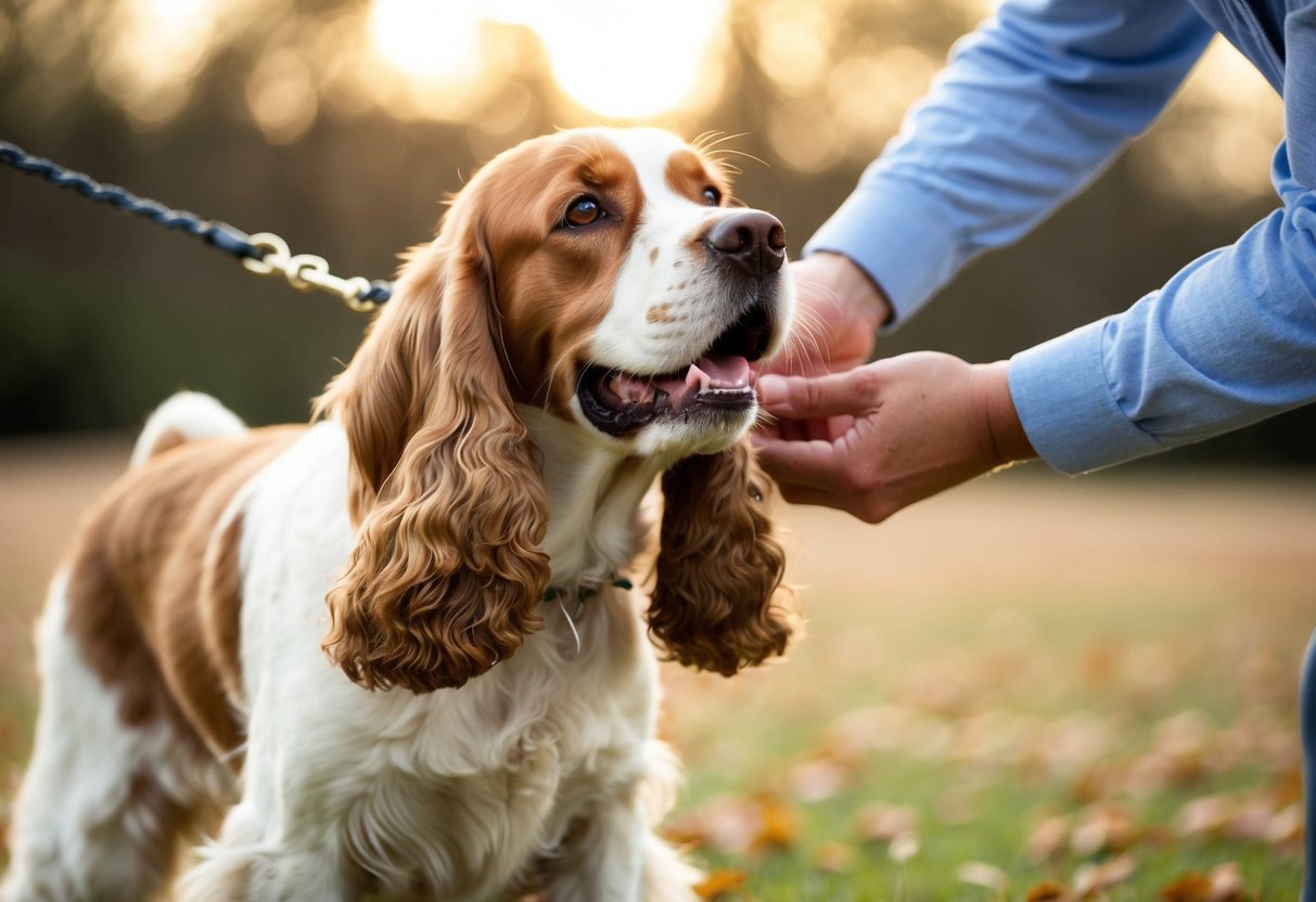 A cocker spaniel being trained with positive reinforcement, avoiding biting