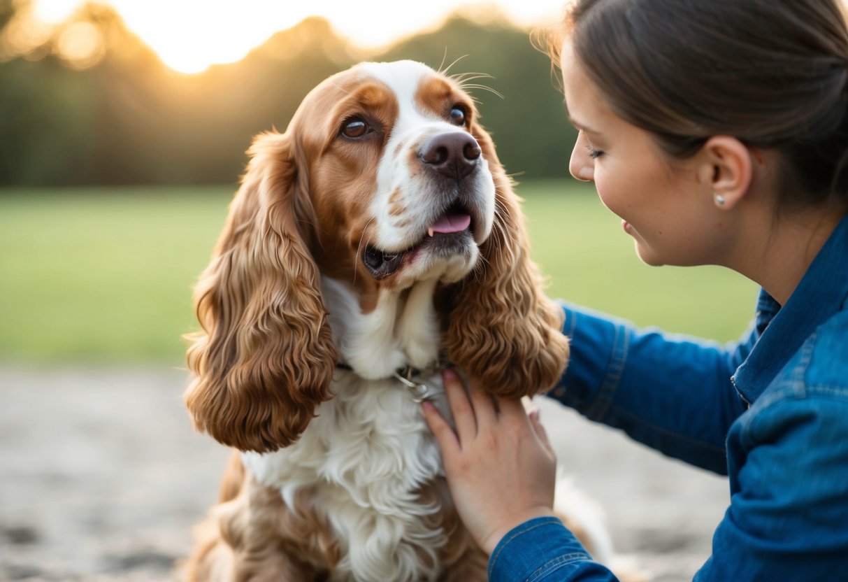A cocker spaniel being gently petted by a person, showing no signs of aggression or biting