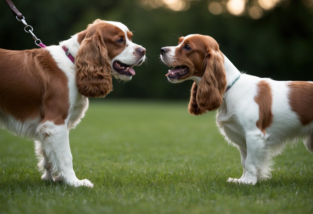 A cocker spaniel growls at a nearby dog, ears flattened and teeth bared. The other dog cowers, tail between its legs