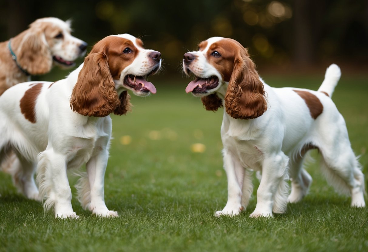 Two cocker spaniels growling at a nearby dog, their ears back and teeth bared, while the other dog backs away defensively