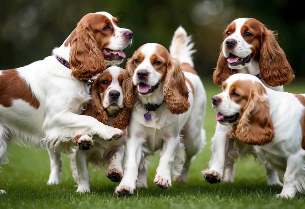 Multiple cocker spaniels playfully interact with each other, displaying their unique dynamics and social behaviors