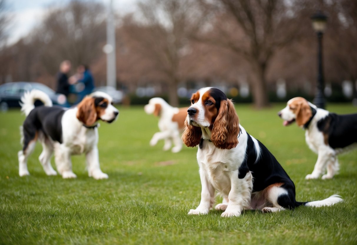A cocker spaniel sits alone, avoiding interaction with other dogs at a park. Nearby, dogs play and socialize while the spaniel remains disinterested