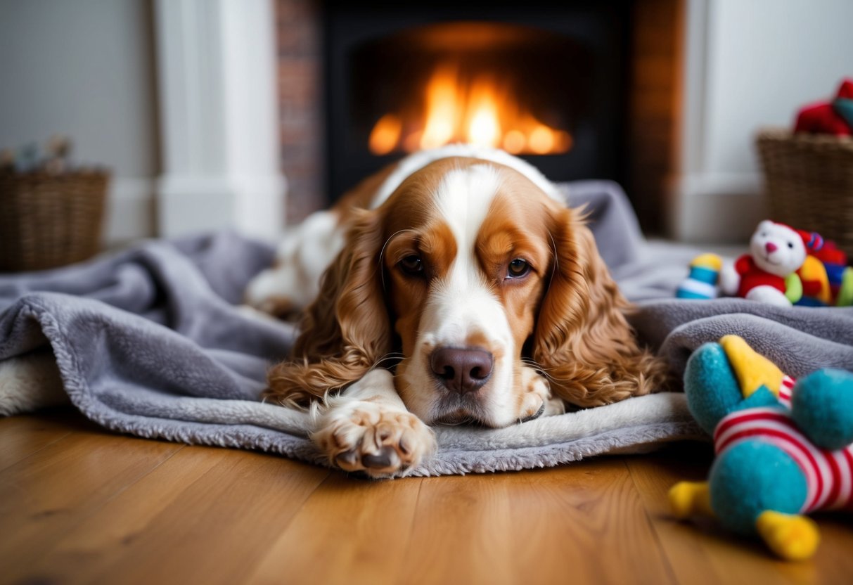 A cocker spaniel lying peacefully by a crackling fireplace, surrounded by cozy blankets and toys, with a serene expression on its face