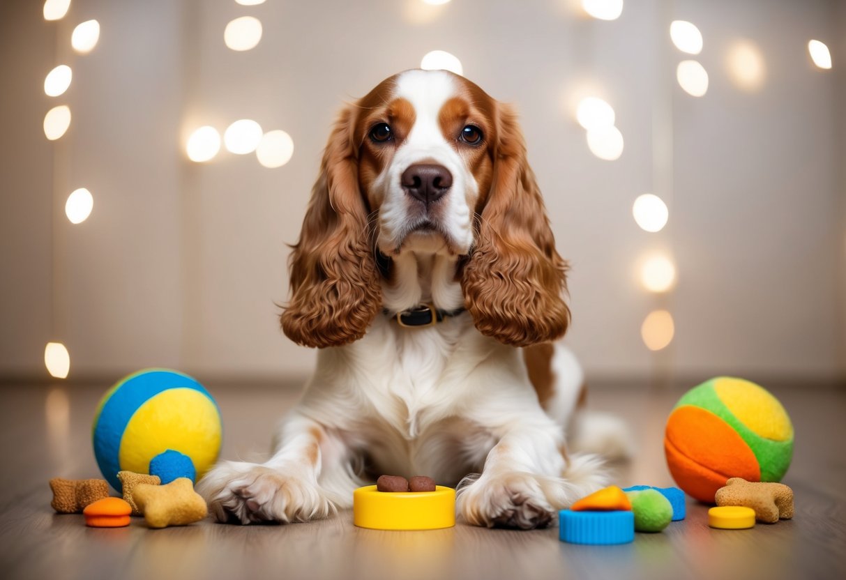 A cocker spaniel sits calmly with a relaxed posture, surrounded by toys and treats