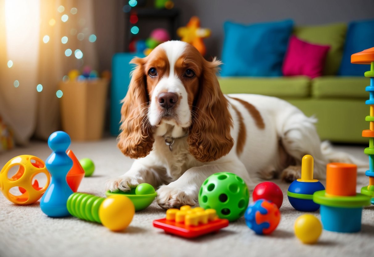 A cocker spaniel playing with a variety of toys and puzzles, surrounded by colorful and interactive objects to engage its mind and body