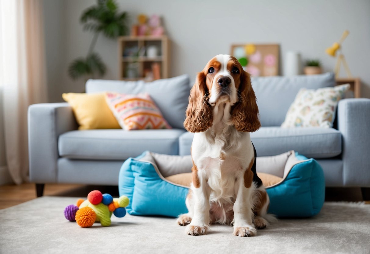 A cocker spaniel sits calmly in a peaceful, clutter-free living room, surrounded by toys and a comfortable bed