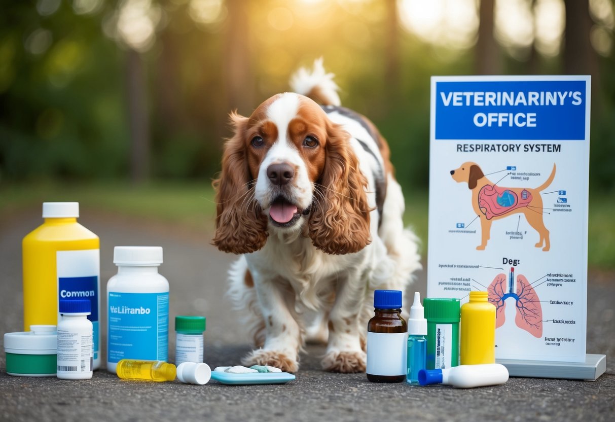 A cocker spaniel sniffs the ground eagerly, surrounded by various objects related to common health concerns such as medication bottles, a veterinarian's office sign, and a diagram of a dog's respiratory system