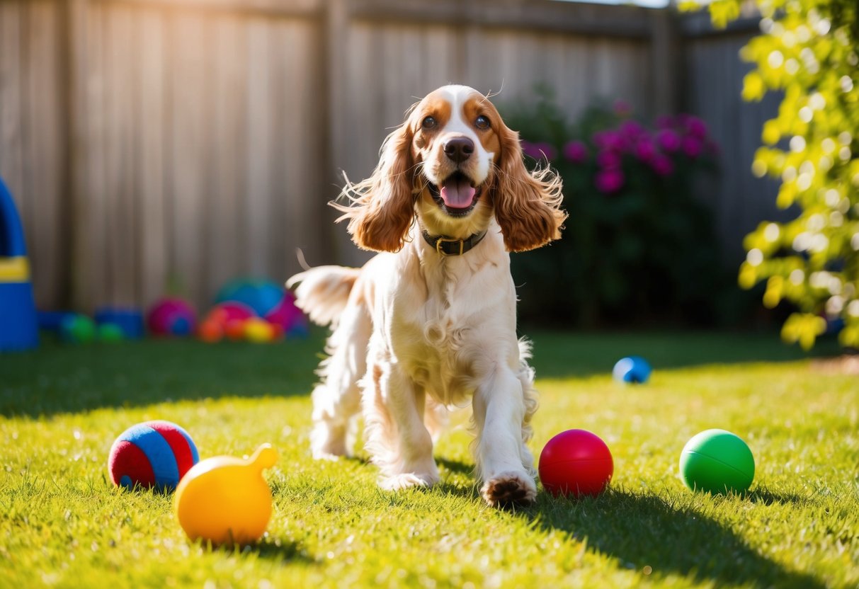 A 10-year-old cocker spaniel playing in a sunlit backyard, surrounded by toys and wagging its tail happily