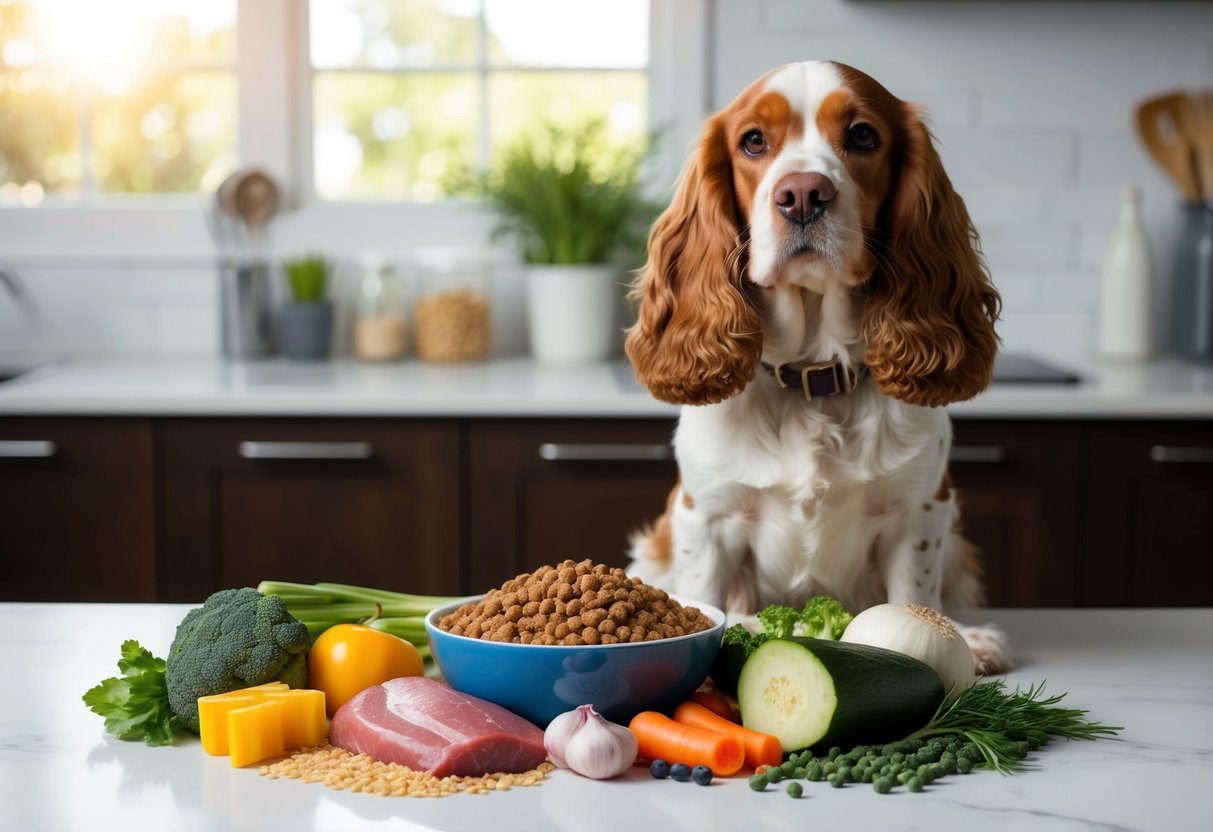 A cocker spaniel sitting next to a bowl of balanced dog food, surrounded by various healthy ingredients such as lean meats, vegetables, and grains