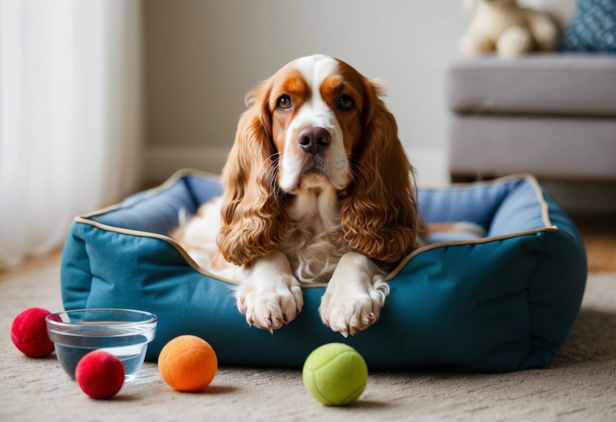 A contented Cocker Spaniel, with a soft, wavy coat, gazes out from a cozy dog bed, surrounded by toys and a bowl of water