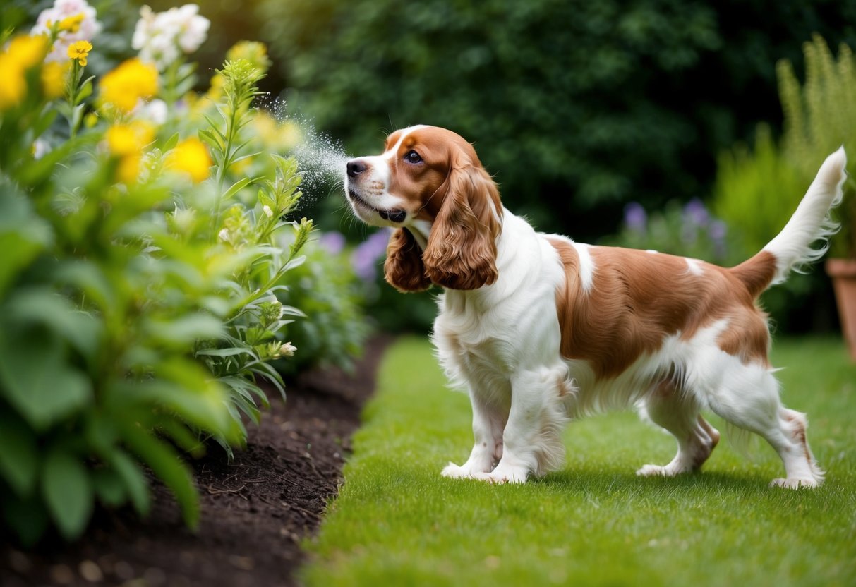 A Cocker Spaniel sniffs eagerly at various scents in a lush garden, its tail wagging with excitement as it explores the world through its sense of smell