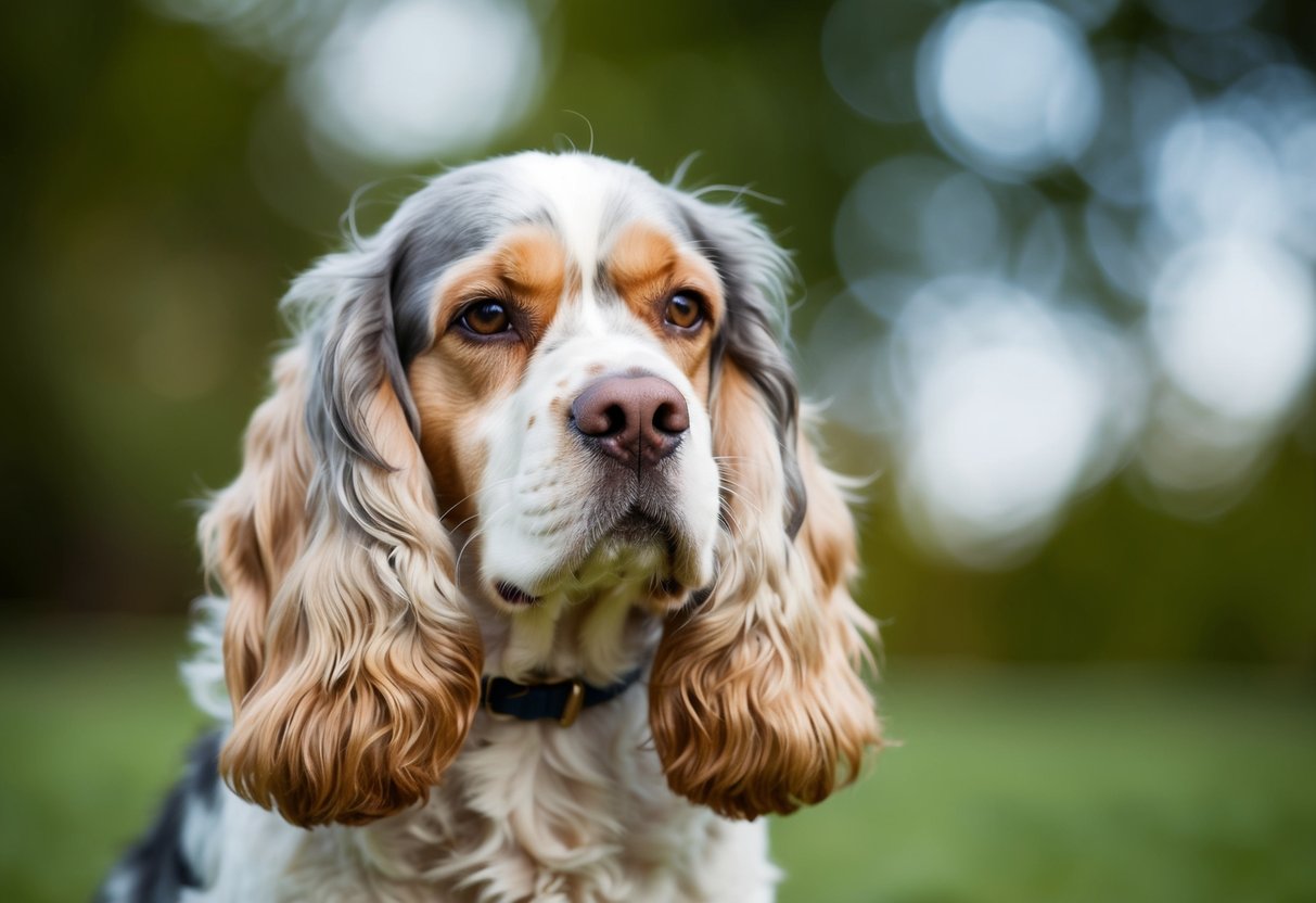 A 10-year-old cocker spaniel showing signs of aging, such as gray hairs, slower movements, and cloudy eyes, while also displaying behavioral changes like decreased energy and increased sleepiness