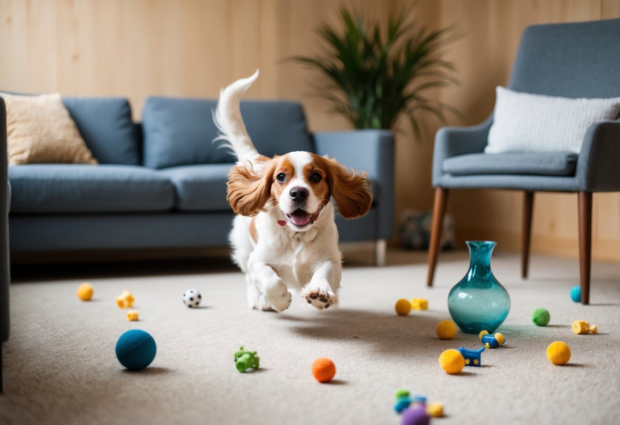 A cocker spaniel zooms around a living room, knocking over a vase and scattering toys everywhere. Its tail wags frantically as it bounces from couch to chair