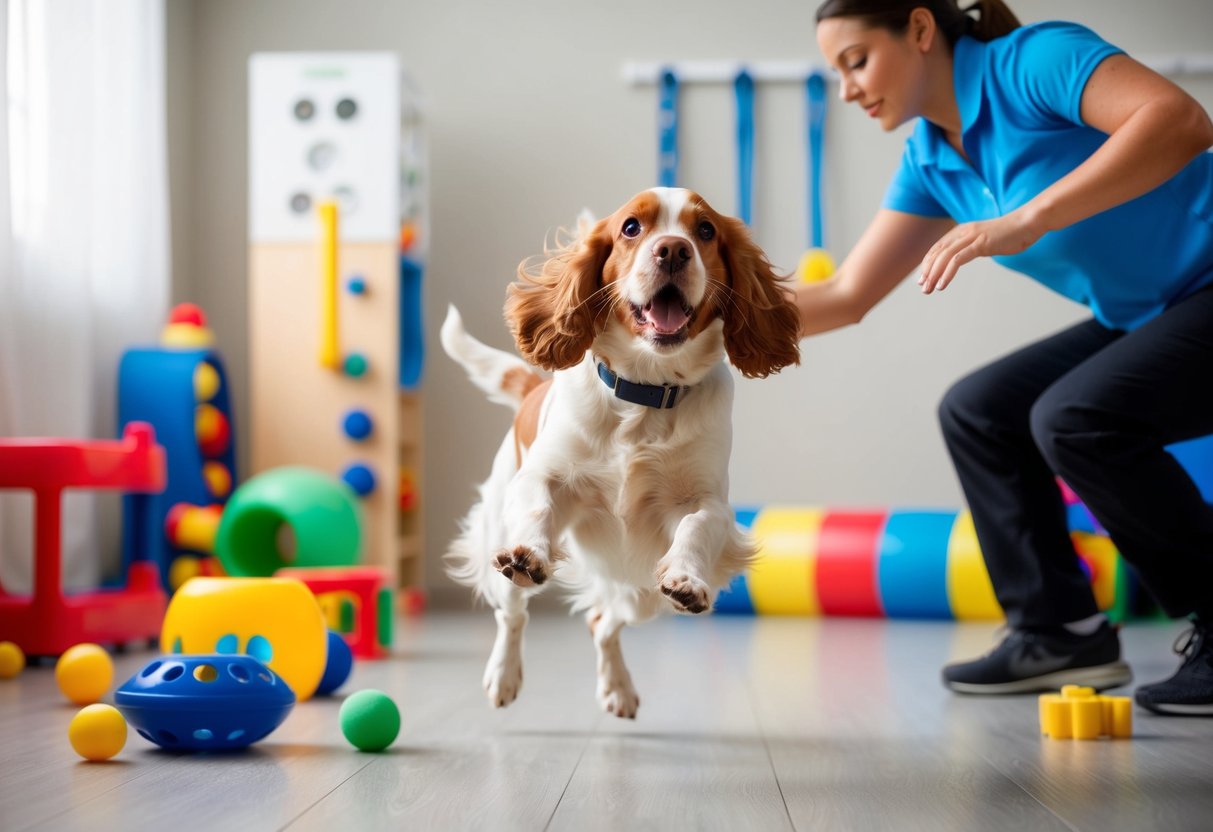 A cocker spaniel jumping and barking excitedly in a room filled with toys and training equipment, while a trainer attempts to calm and redirect its energy