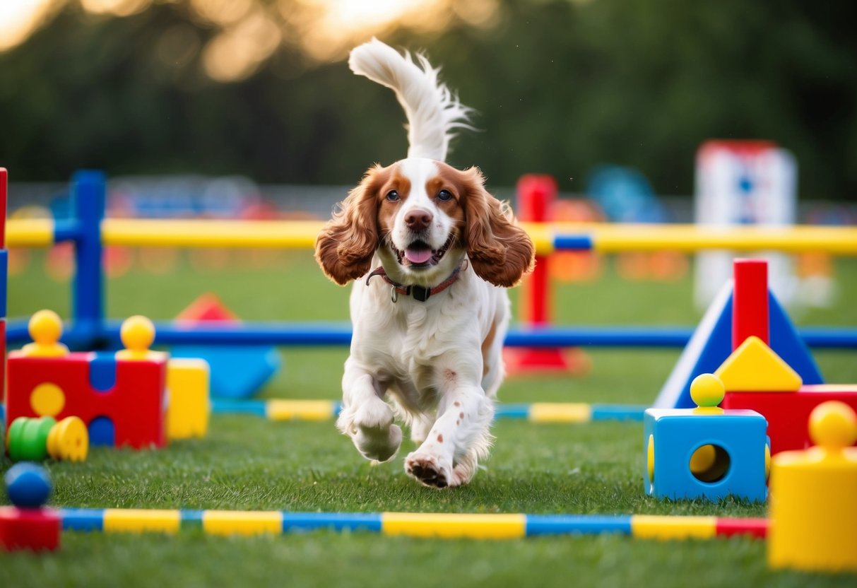 A cocker spaniel runs through an agility course, surrounded by toys and puzzles